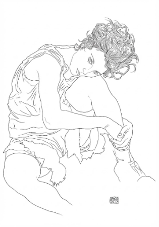 エゴン・シーレ『膝を曲げて座る女』の大人の塗り絵。特徴的な線描で描かれた女性の線画