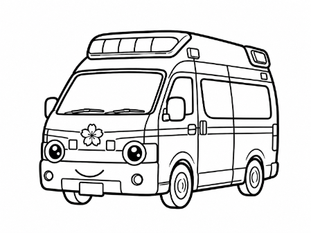 にっこり笑顔の救急車(きゅうきゅうしゃ)の子供向け塗り絵