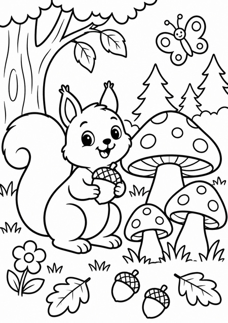 秋のキノコとリスの子供向け無料塗り絵。どんぐりを抱えたリス、きのこ、秋の葉、ちょうちょの線画イラスト