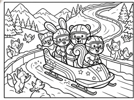 ウサギ、クマ、リス、ネコの4匹がボブスレーに乗って滑走している子供向けのかわいい塗り絵