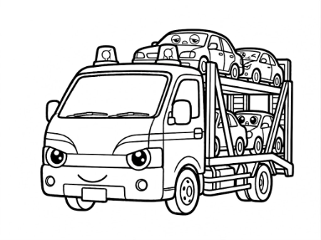 はたらく車のカーキャリアの塗り絵。車をたくさん運ぶかっこいいトラックの無料イラスト