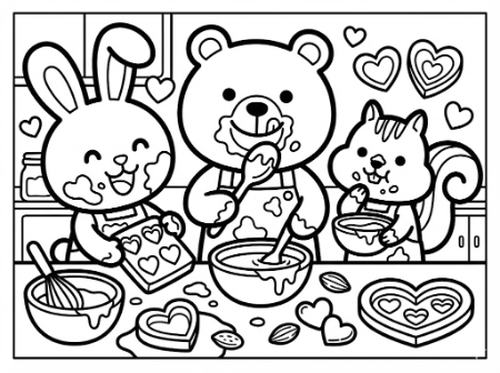 バレンタインのチョコ作りをする動物たちの塗り絵。味見をして口の周りがチョコまみれのウサギ、クマ、リス