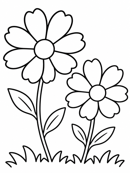 コスモスの子供向け無料塗り絵。大きなコスモスの花2輪と葉っぱの線画イラスト