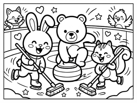 ウサギ、クマ、リスがカーリングを楽しんでいる子供向けのかわいい塗り絵