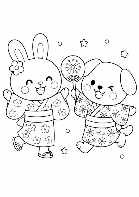 浴衣でお祭りの塗り絵サムネイル