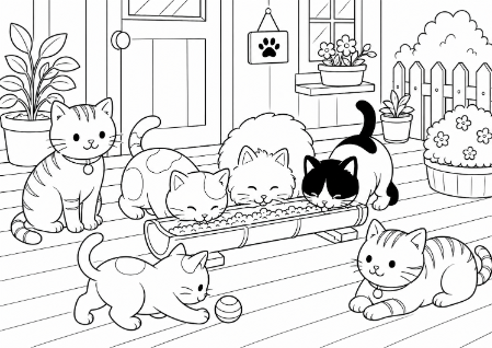 宮城県田代島「島のえき」で猫に餌をあげる風景の塗り絵。たくさんの猫が集まる癒やしの線画