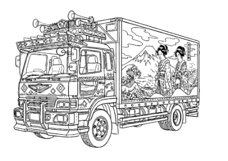 昭和50年代のデコトラ（装飾トラック）の大人向け塗り絵。富士山と美人が描かれた精巧な線画