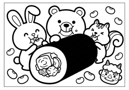節分の塗り絵。うさぎ・くま・リスが恵方巻を食べているかわいい線画イラスト