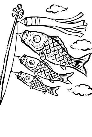 こどもの日のこいのぼり。絵手紙風の筆致で描かれた、はがきサイズの無料塗り絵