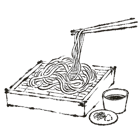 ハガキサイズで印刷できる、絵手紙風の美味しいざるそばの無料塗り絵イラスト