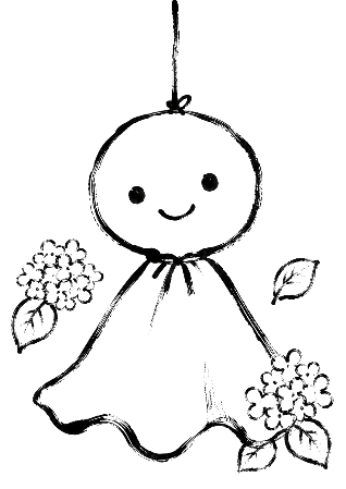筆ペンで描かれたようなてるてる坊主と紫陽花の絵手紙風塗り絵イラスト