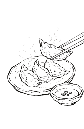 宇都宮餃子の絵手紙風塗り絵。小ぶりな餃子と温かい言葉が添えられた線画イラスト