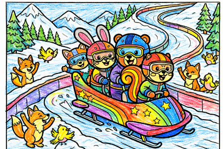 ボブスレーの塗り絵見本。虹色の派手なソリに乗って楽しそうに滑る動物たちのイラスト