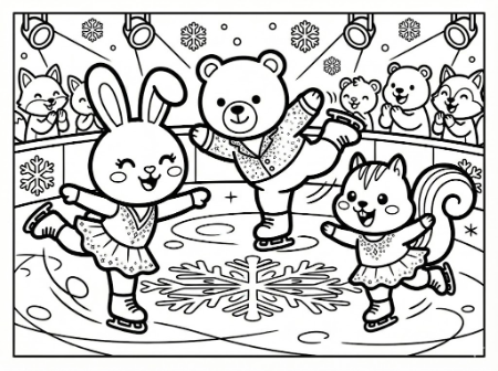 ウサギ、クマ、リスがフィギュアスケートのアイスショーを楽しんでいるかわいい塗り絵