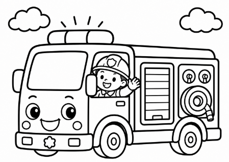 サイレンを鳴らして走る消防車と手を振る消防士さんの子供向け塗り絵イラスト