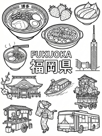 福岡県の地図を中心に、ラーメン、明太子、屋台、イチゴなどの名物を散りばめたコラージュ塗り絵