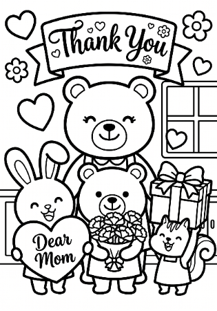 母の日の子供用塗り絵。カーネーションを持ったウサギとクマのかわいいイラスト