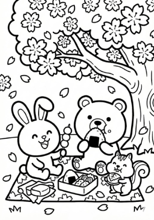 満開の桜の下でお団子を食べる動物たちのかわいいお花見塗り絵