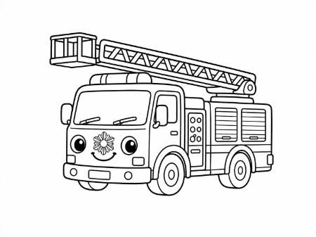 にっこり笑顔のはしご消防車（しょうぼうしゃ）の子供向け塗り絵