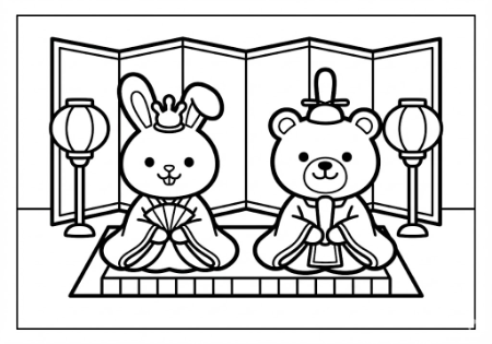お内裏様のクマとお雛様のうさぎが並ぶ、ひな祭りの可愛い塗り絵
