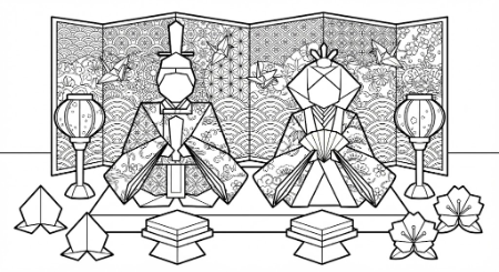折り紙のお雛様とお内裏様、美しい和柄の屏風が描かれたひな祭りの塗り絵
