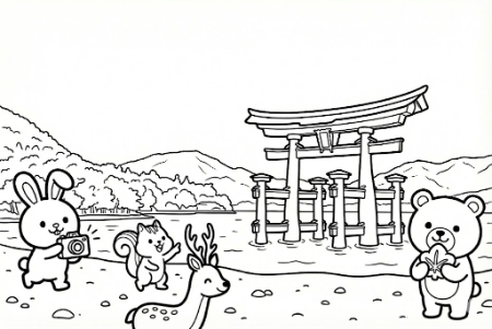 厳島神社の大鳥居を背景に宮島観光を楽しむ可愛い動物たちの塗り絵