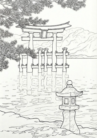 川瀬巴水『星月夜（宮嶋）』の大人向け塗り絵。厳島神社の大鳥居と石灯籠の線画イラスト