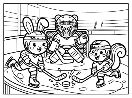 ウサギとリスがパックを追いかけ、クマがゴールを守るアイスホッケーのかわいい子供向け塗り絵