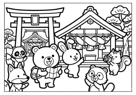 出雲大社を背景に地図を持ったり写真を撮ったりする動物たちの塗り絵