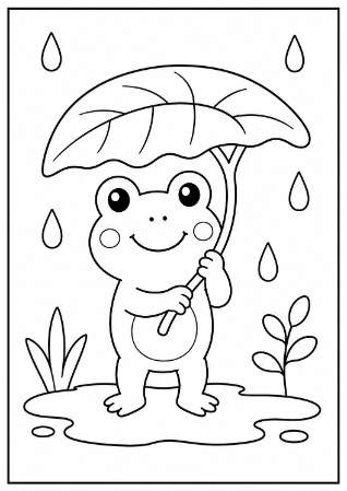 葉っぱの傘をさした可愛いカエルの子供向け塗り絵。雨の日を楽しむキャラクターの線画イラスト
