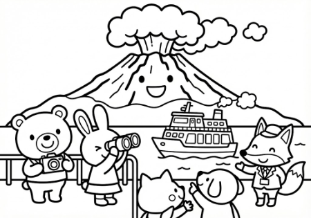 モクモクと煙を上げる桜島と、楽しそうに観光する子供や動物たちのカワイイ塗り絵
