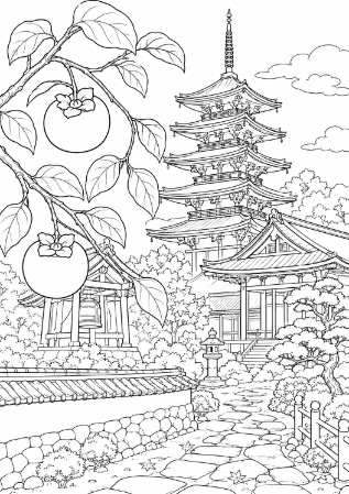「柿食えば鐘が鳴るなり法隆寺」をイメージした秋の風景の大人向け精密塗り絵