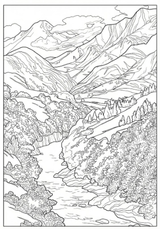 川瀬巴水『甲州 梁川』の大人向け精密塗り絵。山あいを流れる川と渓谷の風景を描いた線画イラスト