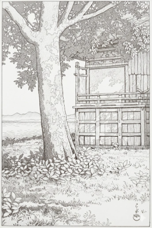 川瀬巴水『秋田八郎潟』の大人向け塗り絵。大きな欅の木と神社、湖畔の風景の線画イラスト