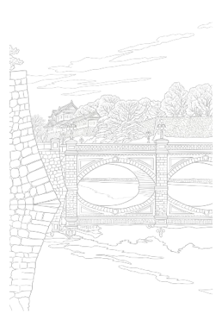 新版画の巨匠・川瀬巴水の名作「二重橋の朝」（皇居・江戸城）を、大人向けの精密な塗り絵にしました。DLはこちらです。