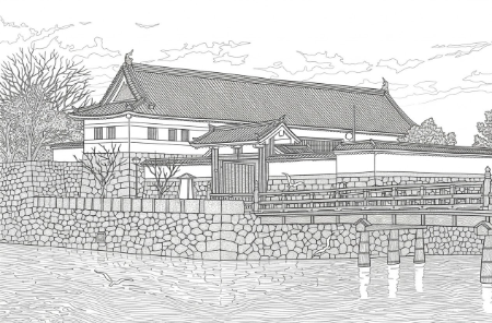 川瀬巴水『東京二十景 平河門』の大人向け精密塗り絵。皇居のお堀と石垣の線画イラスト