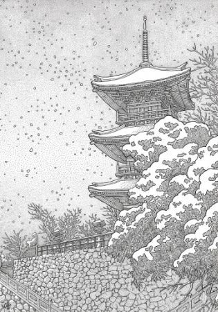 川瀬巴水『出雲安来清水』の大人の塗り絵。雪の降る三重塔と石垣の精密な線画イラスト