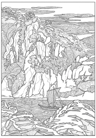 瀬巴水『木曽川蓬莱岩』の大人向け精密塗り絵。大きな岩壁と川に浮かぶ帆掛け船の線画イラスト