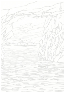 川瀬巴水『男鹿半島蒿雀窟』の大人向け塗り絵。洞窟から海を覗く風景の線画イラスト