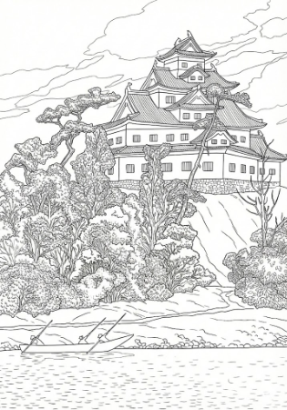 川瀬巴水『日本風景選集 岡山城』の大人向け精密塗り絵。川越しに見る黒い天守閣と石垣の線画イラスト