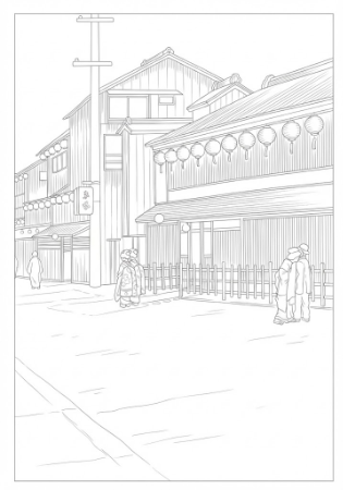 川瀬巴水『大坂宗右衛門町乃夕』の精密塗り絵。夕暮れの宗右衛門町と着物姿の人々