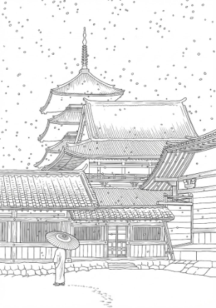 川瀬巴水『大坂 天王寺』の大人の塗り絵。五重塔と雪景色の精密な線画