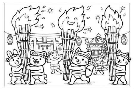 鞍馬の火祭のかわいい動物塗り絵。キツネやクマが松明を持つ子供向けイラスト