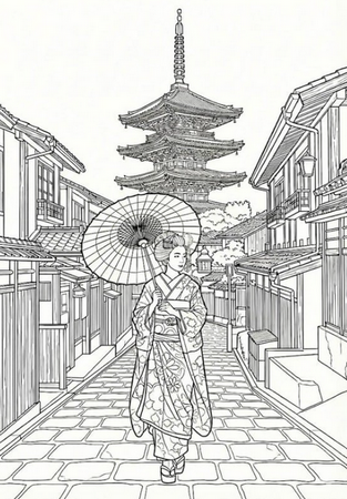 京都の風景塗り絵。東山の五重塔（八坂の塔）を背景に、番傘をさして歩く着物姿の女性（舞妓）の線画イラスト