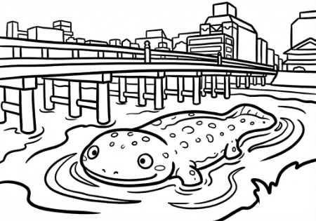 京都の三条大橋の下を泳ぐ巨大なオオサンショウウオの塗り絵。子供向けの楽しい線画