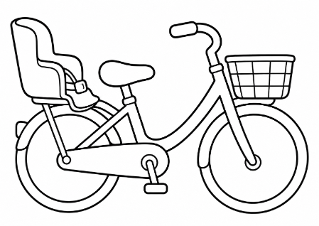 チャイルドシートがついたママチャリ（子ども乗せ自転車）の子供向け塗り絵イラスト