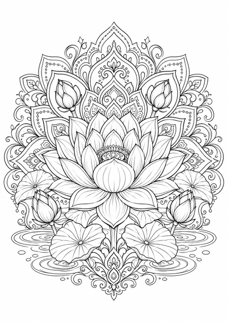 蓮花曼荼羅の塗り絵の無料ぬりえ画像
