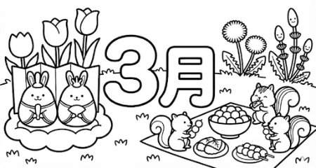 3月の文字とひな祭り、チューリップ、お花見するリスの春らしい塗り絵
