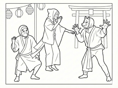 赤い着物を着てユニークな表情で踊る日向ひょっとこ夏祭りの高齢者向け塗り絵