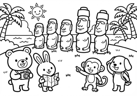 宮崎県サンメッセ日南の7体のモアイ像と海を描いた子供向けのかわいい塗り絵